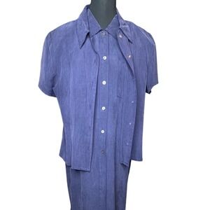 Vtg 100% Silk 2pc Set Blue Maxi Dress Shirt Valerie Stevens Pet L Dark Academia